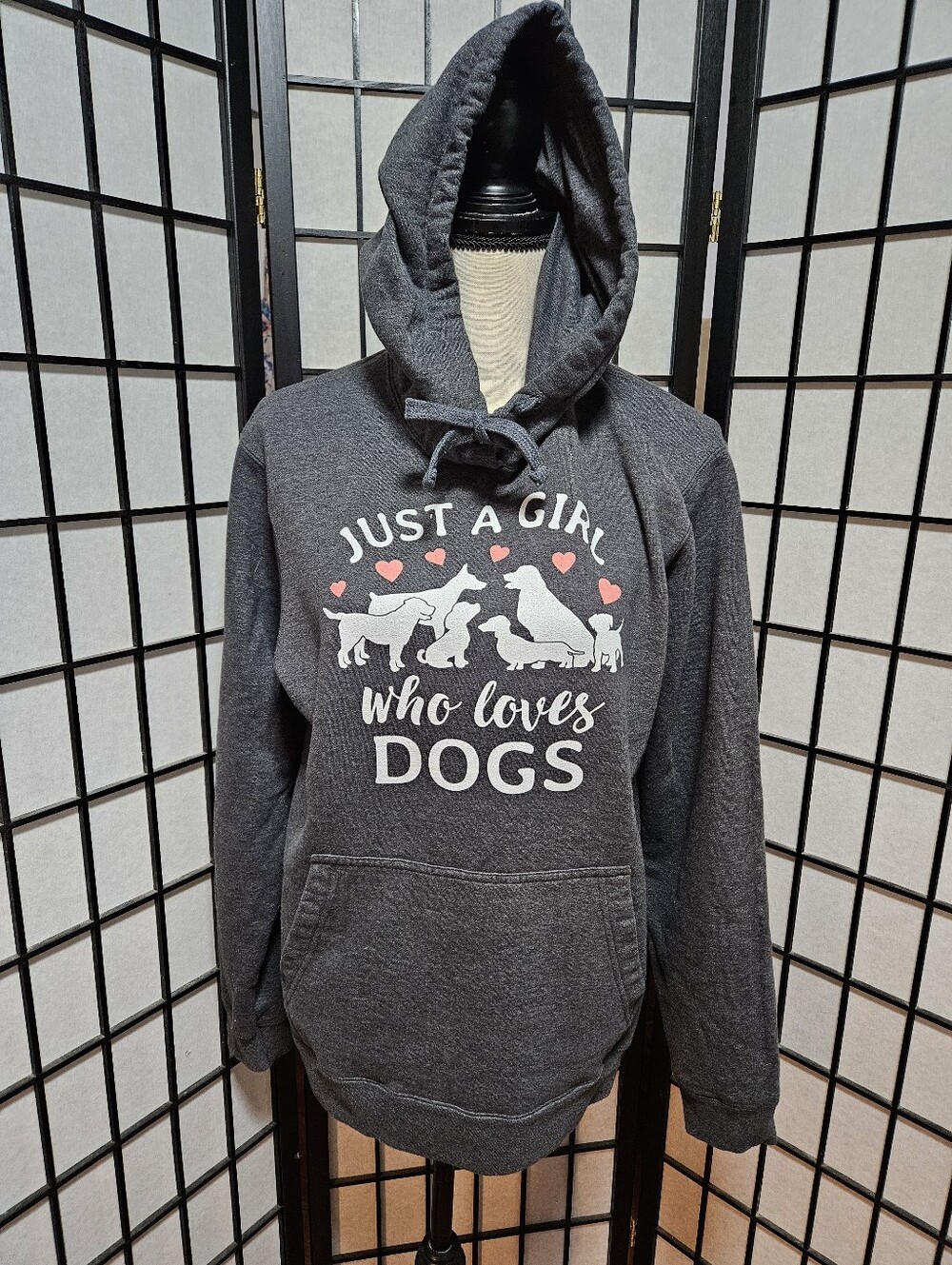 This Women's Medium "Just A Girl That Loves Dogs" Gray Pullover Hoodie
